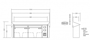 RENZ Briefkastenanlage Aufputz Prisma Edelstahl V4A Kastenformat 370x330x145mm, mit Klingel - & Lichttaster und Vorbereitung Gegensprechanlage, 2-teilig, Renz Nummer 10-0-35965