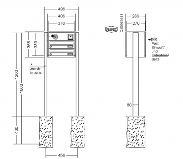 RENZ Briefkastenanlage freistehend, Quadra, Kastenformat 370x110x270mm, 2-teilig, zum Einbetonieren