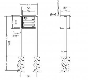 RENZ Briefkastenanlage freistehend, RS4000, Kastenformat 370x110x270mm, 2-teilig, zum Einbetonieren, Vorbereitung Gegensprechanlage