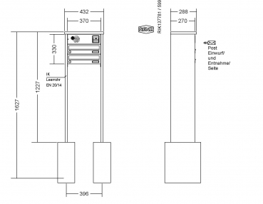 RENZ Briefkastenanlage freistehend, TETRO, Kastenformat 370x110x270mm, 2-teilig, zum Einbetonieren, Vorbereitung Gegensprechanlage