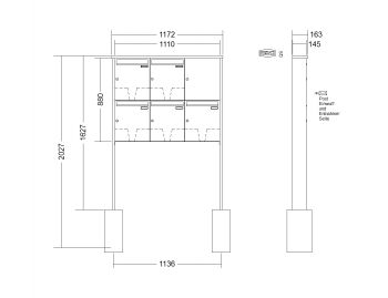 RENZ Briefkastenanlage freistehend, Tetro, Edelstahl, Kastenformat 370x440x145mm, 5-teilig, zum Einbetonieren, Renz Nummer 10-0-10237