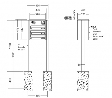 RENZ Briefkastenanlage freistehend, Quadra, Kastenformat 370x110x270mm, 3-teilig, zum Einbetonieren