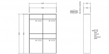 RENZ Briefkastenanlage Aufputz, Renz Plan, Kastenformat 300x440x160mm, 4-teilig, Renz Nummer 60-0-60324