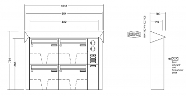 RENZ Briefkastenanlage Aufputz Prisma Edelstahl V4A Kastenformat 370x330x145mm, mit Klingel - & Lichttaster und Vorbereitung Gegensprechanlage, 4-teilig, Renz Nummer 10-0-35967