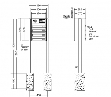 RENZ Briefkastenanlage freistehend, Quadra, Kastenformat 370x110x270mm, 4-teilig, zum Einbetonieren