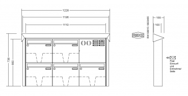 RENZ Briefkastenanlage Aufputz Prisma Edelstahl V4A Kastenformat 370x330x100mm, mit Klingel - & Lichttaster und Vorbereitung Gegensprechanlage, 5-teilig, Renz Nummer 10-0-25855