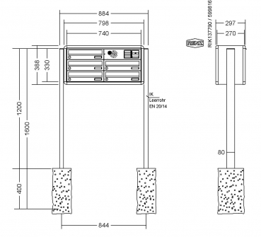 RENZ Briefkastenanlage freistehend, RS4000, Kastenformat 370x110x270mm, 5-teilig, zum Einbetonieren, Vorbereitung Gegensprechanlage