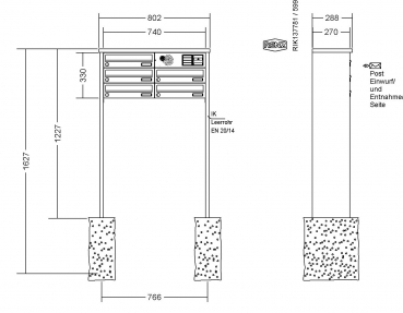 RENZ Briefkastenanlage freistehend, TETRO, Kastenformat 370x110x270mm, 5-teilig, zum Einbetonieren, Vorbereitung Gegensprechanlage