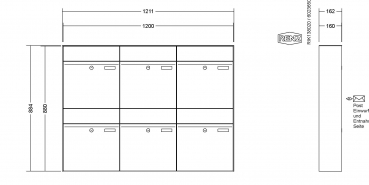 RENZ Briefkastenanlage Aufputz, Renz Plan, Kastenformat 400x440x160mm, 6-teilig, Renz Nummer 60-0-60329