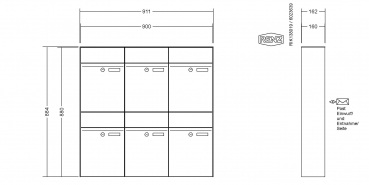 RENZ Briefkastenanlage Aufputz, Renz Plan, Kastenformat 300x440x160mm, 6-teilig, Renz Nummer 60-0-60326