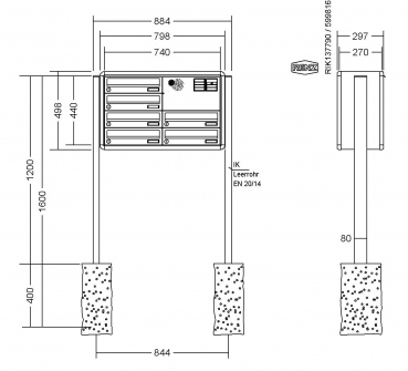 RENZ Briefkastenanlage freistehend, RS4000, Kastenformat 370x110x270mm, 6-teilig, zum Einbetonieren, Vorbereitung Gegensprechanlage