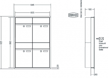 RENZ Briefkastenanlage Unterputz, Renz Plan, Kastenformat 300x440x160mm, 4-teilig, Renz Nummer 60-0-60300