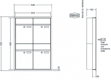 RENZ Briefkastenanlage Unterputz, Renz Plan, Kastenformat 300x440x160mm, 4-teilig, Renz Nummer 60-0-60300