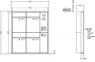 RENZ Briefkastenanlage Unterputz, Renz Plan, Kastenformat 300x440x160mm, mit Klingel - & Lichttaster und Vorbereitung Gegensprechanlage, 4-teilig, Renz Nummer 60-0-60312