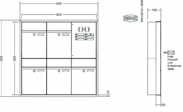 RENZ Briefkastenanlage Unterputz, Renz Plan, Kastenformat 300x440x160mm, mit Klingel - & Lichttaster und Vorbereitung Gegensprechanlage, 5-teilig, Renz Nummer 60-0-60313