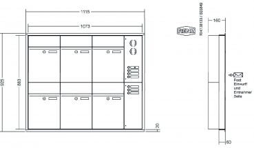 RENZ Briefkastenanlage Unterputz, Renz Plan, Kastenformat 300x440x160mm, mit Klingel - & Lichttaster und Vorbereitung Gegensprechanlage, 6-teilig, Renz Nummer 60-0-60314