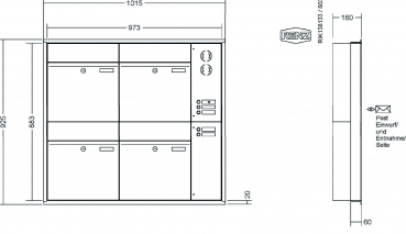 RENZ Briefkastenanlage Unterputz, Renz Plan, Kastenformat 400x440x160mm, mit Klingel - & Lichttaster und Vorbereitung Gegensprechanlage, 4-teilig, Renz Nummer 60-0-60315