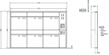 RENZ Briefkastenanlage Unterputz, Renz Plan, Kastenformat 400x440x160mm, mit Klingel - & Lichttaster und Vorbereitung Gegensprechanlage, 6-teilig, Renz Nummer 60-0-60317