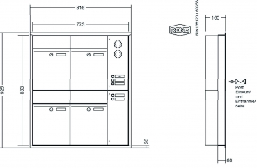 RENZ Briefkastenanlage Unterputz, Renz Plan, Edelstahl V4A, Kastenformat 300x440x160mm, mit Klingel - & Lichttaster und Vorbereitung Gegensprechanlage, 4-teilig, Renz Nummer 60-0-60318