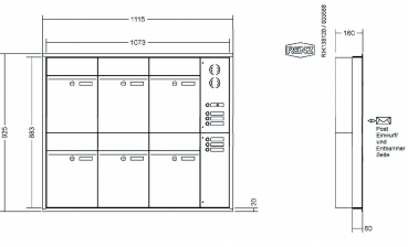 RENZ Briefkastenanlage Unterputz, Renz Plan, Edelstahl V4A, Kastenformat 300x440x160mm, mit Klingel - & Lichttaster und Vorbereitung Gegensprechanlage, 6-teilig, Renz Nummer 60-0-60320