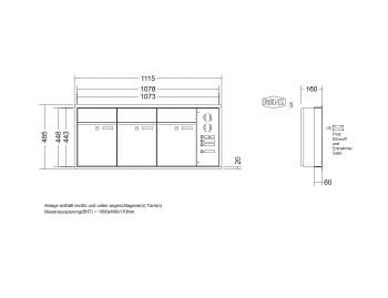 RENZ Briefkastenanlage Unterputz, Renz Plan, Kastenformat 300x440x160mm, mit Klingel - & Lichttaster und Vorbereitung Gegensprechanlage, 3-teilig, Renz Nummer 60-0-60014