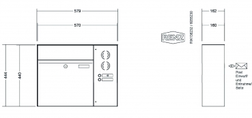 RENZ Briefkastenanlage Aufputz, Renz Plan, Kastenformat 400x440x160mm, mit Klingel - & Lichttaster und Vorbereitung Gegensprechanlage, 1-teilig, Renz Nummer 60-0-60039