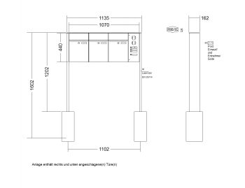 RENZ Briefkastenanlage freistehend, Renz Plan, Edelstahl V4A, Kastenformat 300x440x160mm, mit Klingel - & Lichttaster und Vorbereitung Gegensprechanlage, 3-teilig, Renz Nummer 60-0-60086