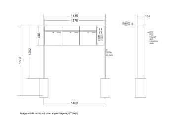 RENZ Briefkastenanlage freistehend, Renz Plan, Edelstahl V4A, Kastenformat 400x440x160mm, mit Klingel - & Lichttaster und Vorbereitung Gegensprechanlage, 3-teilig, Renz Nummer 60-0-60092