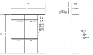 RENZ Briefkastenanlage Aufputz, Renz Plan, Edelstahl V4A, Kastenformat 300x440x160mm, mit Klingel - & Lichttaster und Vorbereitung Gegensprechanlage, 4-teilig, Renz Nummer 60-0-60342