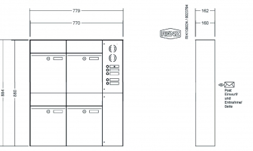 RENZ Briefkastenanlage Aufputz, Renz Plan, Kastenformat 300x440x160mm, mit Klingel - & Lichttaster und Vorbereitung Gegensprechanlage, 4-teilig, Renz Nummer 60-0-60336