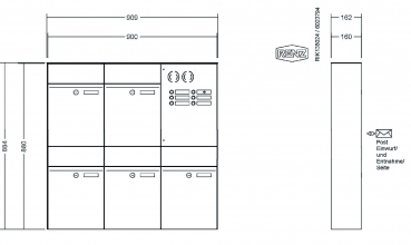 RENZ Briefkastenanlage Aufputz, Renz Plan, Edelstahl V4A, Kastenformat 300x440x160mm, mit Klingel - & Lichttaster und Vorbereitung Gegensprechanlage, 5-teilig, Renz Nummer 60-0-60343