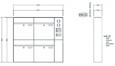 RENZ Briefkastenanlage Aufputz, Renz Plan, Edelstahl V4A, Kastenformat 400x440x160mm, mit Klingel - & Lichttaster und Vorbereitung Gegensprechanlage, 4-teilig, Renz Nummer 60-0-60345