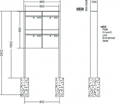 RENZ Briefkastenanlage freistehend, Renz Plan, Kastenformat 400x440x160mm, 4-teilig, Renz Nummer 60-0-60354