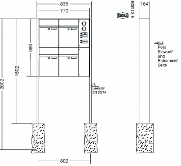 RENZ Briefkastenanlage freistehend, Renz Plan, Kastenformat 300x440x160mm, mit Klingel - & Lichttaster und Vorbereitung Gegensprechanlage, 4-teilig, Renz Nummer 60-0-60360