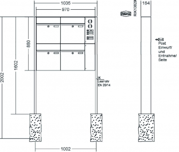 RENZ Briefkastenanlage freistehend, Renz Plan, Kastenformat 400x440x160mm, mit Klingel - & Lichttaster und Vorbereitung Gegensprechanlage, 4-teilig, Renz Nummer 60-0-60366