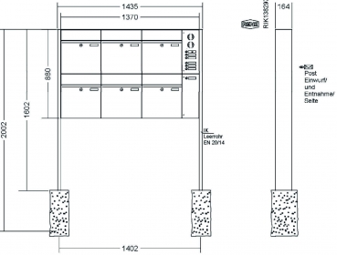 RENZ Briefkastenanlage freistehend, Renz Plan, Kastenformat 400x440x160mm, mit Klingel - & Lichttaster und Vorbereitung Gegensprechanlage, 6-teilig, Renz Nummer 60-0-60368