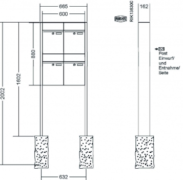 RENZ Briefkastenanlage freistehend, Renz Plan, Edelstahl V4A, Kastenformat 300x440x160mm, 4-teilig, Renz Nummer 60-0-60372