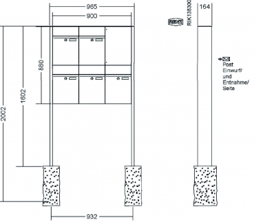 RENZ Briefkastenanlage freistehend, Renz Plan, Edelstahl V4A, Kastenformat 300x440x160mm, 5-teilig, Renz Nummer 60-0-60373