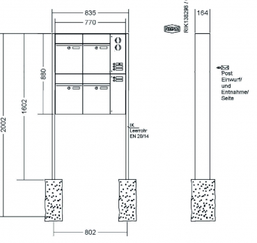 RENZ Briefkastenanlage freistehend, Renz Plan, Edelstahl V4A, Kastenformat 300x440x160mm, mit Klingel - & Lichttaster und Vorbereitung Gegensprechanlage, 4-teilig, Renz Nummer 60-0-60384