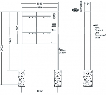 RENZ Briefkastenanlage freistehend, Renz Plan, Edelstahl V4A, Kastenformat 400x440x160mm, mit Klingel - & Lichttaster und Vorbereitung Gegensprechanlage, 4-teilig, Renz Nummer 60-0-60390