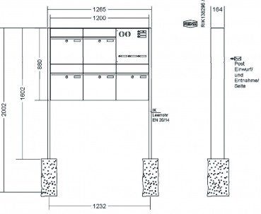 RENZ Briefkastenanlage freistehend, Renz Plan, Edelstahl V4A, Kastenformat 400x440x160mm, mit Klingel - & Lichttaster und Vorbereitung Gegensprechanlage, 5-teilig, Renz Nummer 60-0-60391