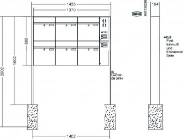 RENZ Briefkastenanlage freistehend, Renz Plan, Edelstahl V4A, Kastenformat 400x440x160mm, mit Klingel - & Lichttaster und Vorbereitung Gegensprechanlage, 6-teilig, Renz Nummer 60-0-60392