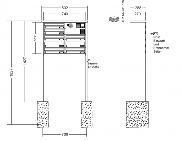 RENZ Briefkastenanlage freistehend, TETRO, Kastenformat 370x110x270mm, 8-teilig, zum Einbetonieren, Vorbereitung Gegensprechanlage