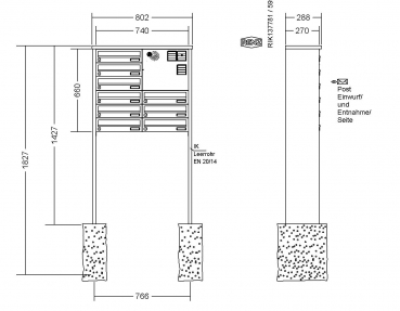 RENZ Briefkastenanlage freistehend, TETRO, Kastenformat 370x110x270mm, 9-teilig, zum Einbetonieren, Vorbereitung Gegensprechanlage