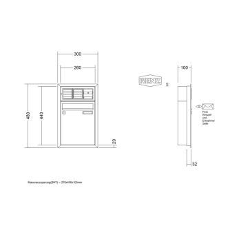 Preview: RENZ Briefkastenanlage Unterputz, Eckrahmen, Kastenformat 260x330x100mm, mit Klingel - & Lichttaster und Vorbereitung Gegensprechanlage, 1-teilig, Renz Nummer 10-0-25011
