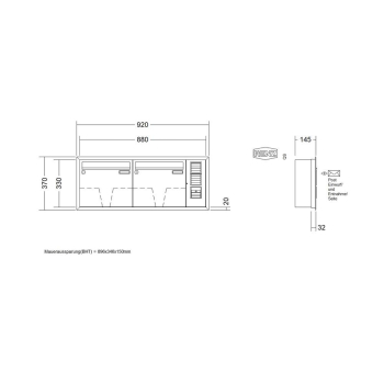 Preview: RENZ Briefkastenanlage Unterputz, Eckrahmen, Kastenformat 370x330x145mm, mit Klingel - & Lichttaster und Vorbereitung Gegensprechanlage, 2-teilig, Renz Nummer 10-0-35132