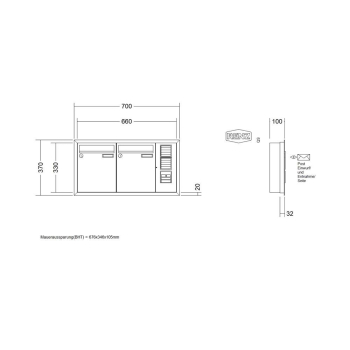 Preview: RENZ Briefkastenanlage Unterputz, Eckrahmen, Kastenformat 260x330x100mm, mit Klingel - & Lichttaster und Vorbereitung Gegensprechanlage, 2-teilig, Renz Nummer 10-0-25101