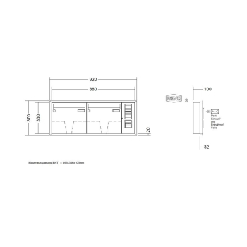 Preview: RENZ Briefkastenanlage Unterputz, Eckrahmen, Kastenformat 370x330x100mm, mit Klingel - & Lichttaster und Vorbereitung Gegensprechanlage, 2-teilig, Renz Nummer 10-0-25105