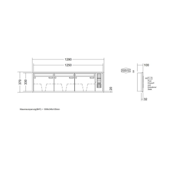 Preview: RENZ Briefkastenanlage Unterputz, Eckrahmen, Kastenformat 370x330x100mm, mit Klingel - & Lichttaster und Vorbereitung Gegensprechanlage, 3-teilig, Renz Nummer 10-0-25135