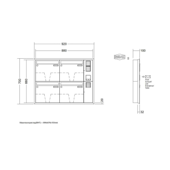 Preview: RENZ Briefkastenanlage Unterputz, Eckrahmen, Kastenformat 370x330x100mm, mit Klingel - & Lichttaster und Vorbereitung Gegensprechanlage, 4-teilig, Renz Nummer 10-0-25177